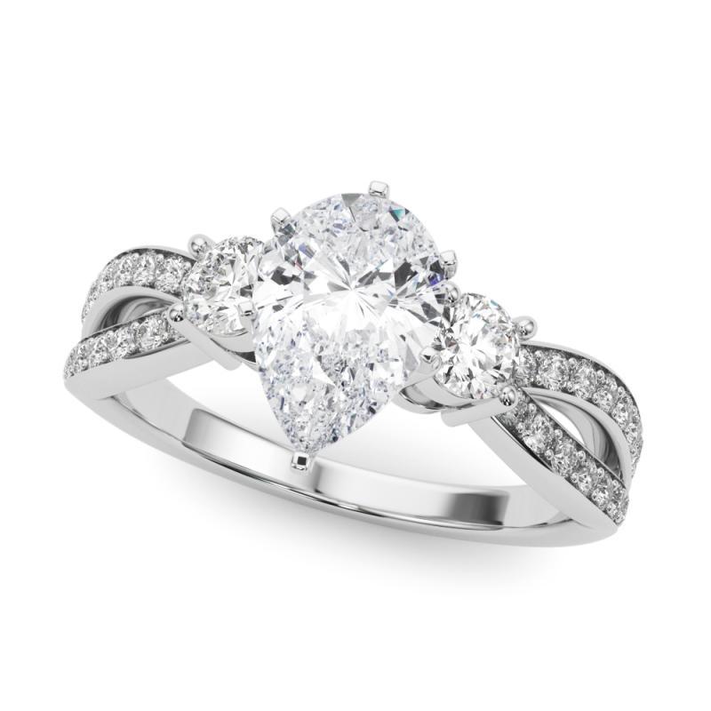 Taglio a goccia GIA 0,90ct Pear Three-Stone Split Shank Pave Anello con diamanti in oro bianco 18K in vendita