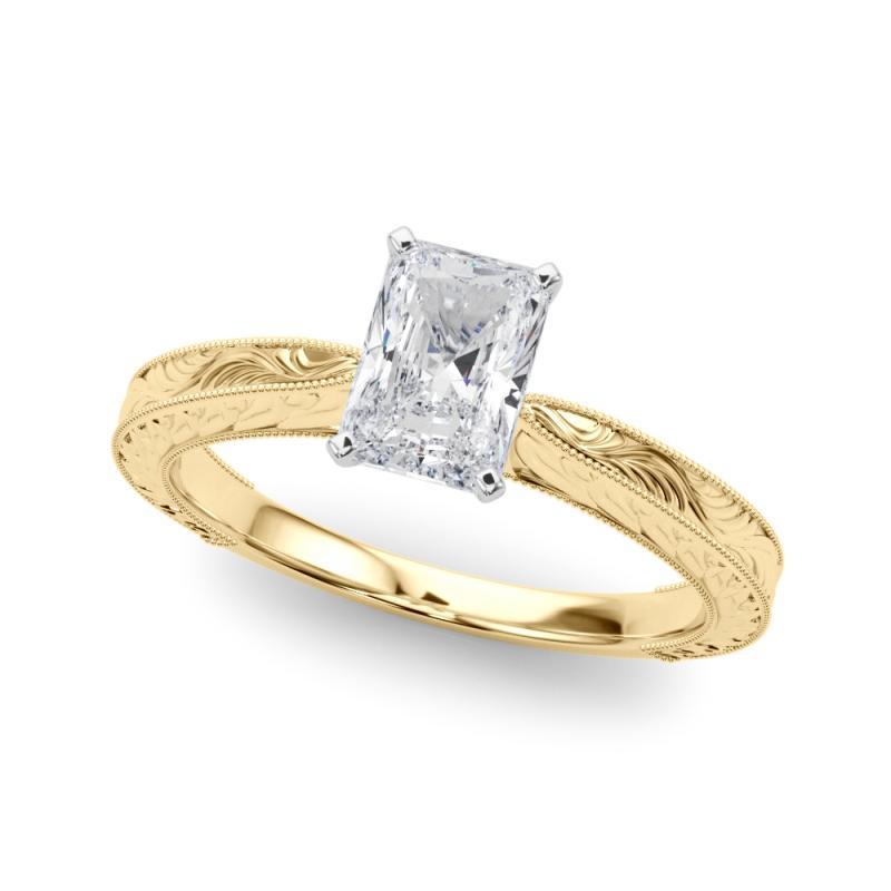 Radiant Cut GIA 0.90ct Radiant Classic Solitaire Antique Engraved Yellow Gold Diamond Ring For Sale