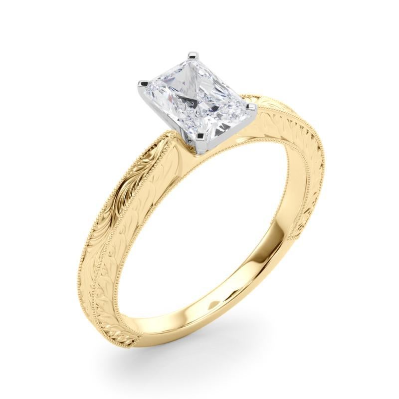Women's GIA 0.90ct Radiant Classic Solitaire Antique Engraved Yellow Gold Diamond Ring For Sale