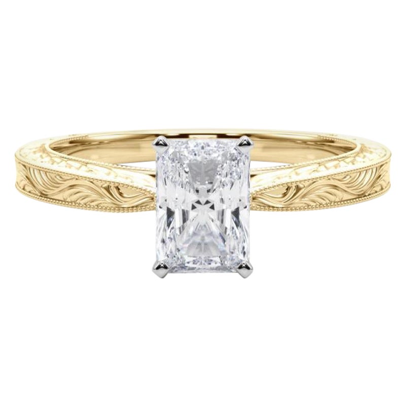GIA 0.90ct Radiant Classic Solitaire Antique Engraved Yellow Gold Diamond Ring For Sale