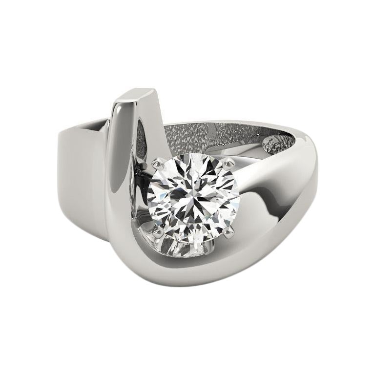 GIA 0.90ct Round Modern Solitaire Curved Band 18K White Gold Diamond Ring en vente