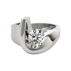 GIA 0.90ct Round Modern Solitaire Curved Band 18K White Gold Diamond Ring