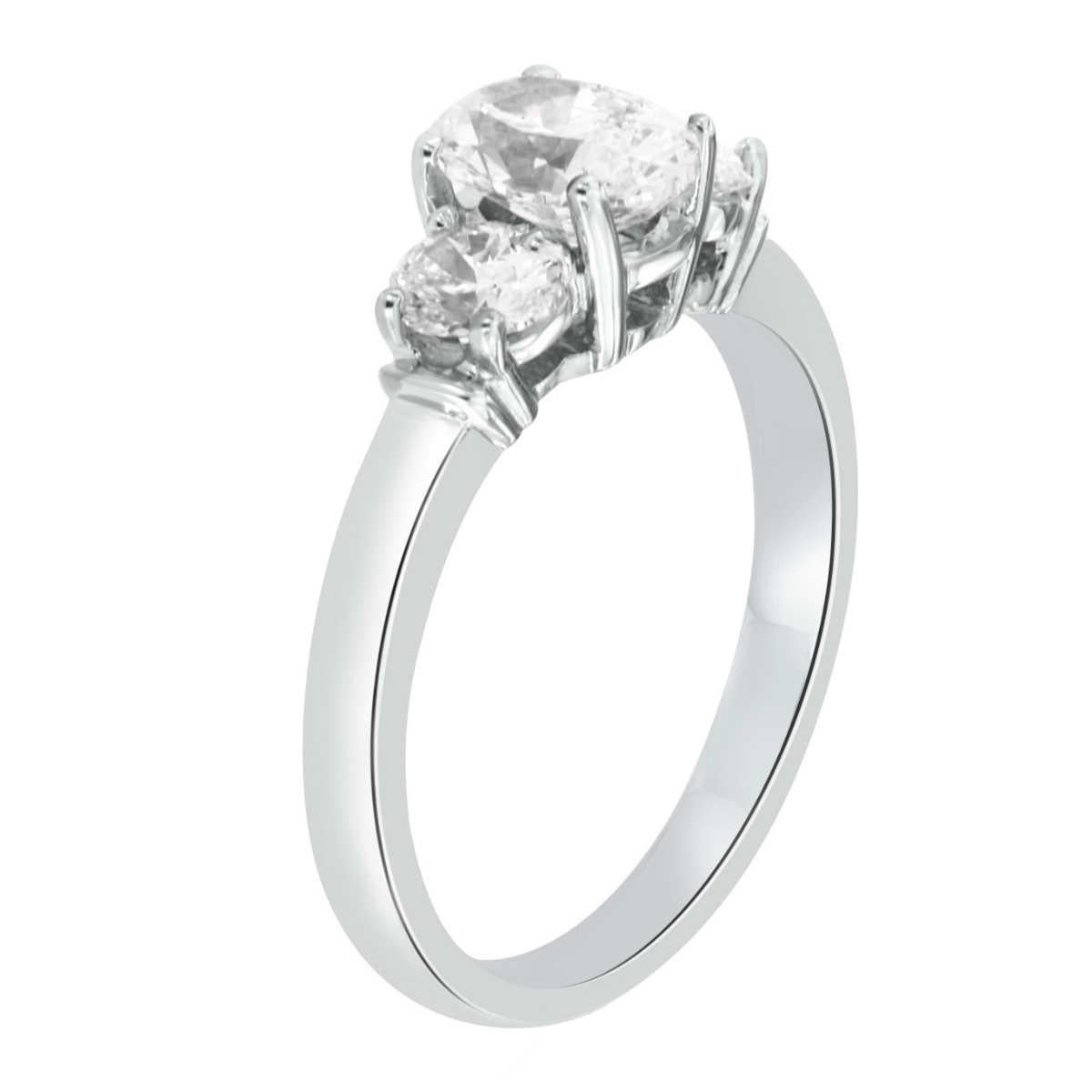 This 18K White Gold handcrafted Women's trilogy ring showcases a GIA Certified 0.91 Carat Oval Cut diamond accompanied by two (2) perfectly matched Oval Cut diamonds on each side in 0.47 Carat Total Weight. Average color and clarity H-I VS2

Center