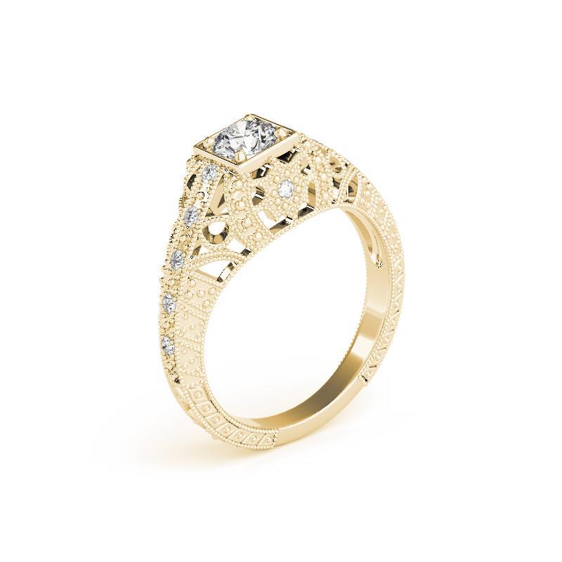 GIA Bague en or jaune 18 carats diamant 0.91 carat Princesse Milgrain ajourée Antique Pour femmes en vente