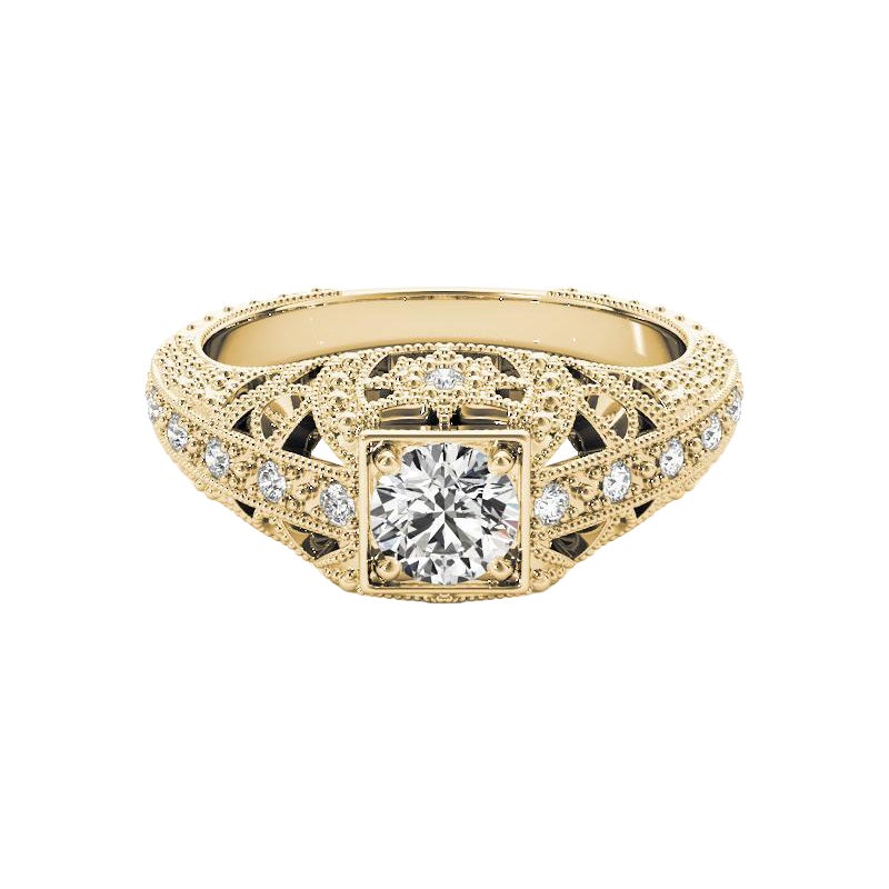 GIA Bague en or jaune 18 carats diamant 0.91 carat Princesse Milgrain ajourée Antique