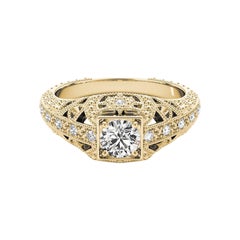GIA 0.91 Carat Princess Milgrain Openwork Antique 18K Yellow Gold Diamond Ring