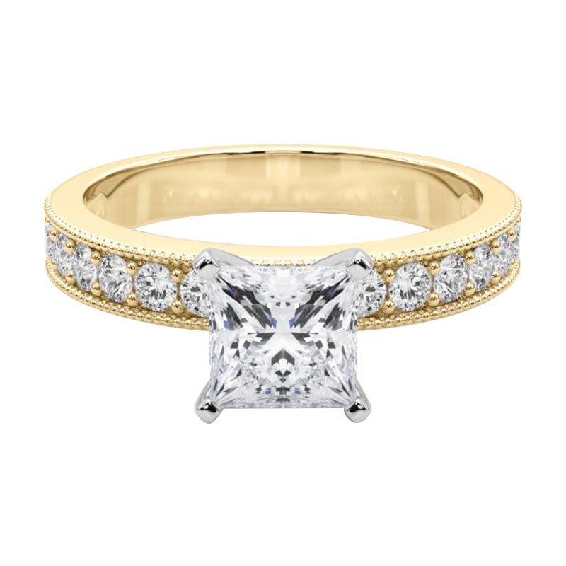 GIA 0,91 quilates Princesa Vintage Milgrain Canal Anillo de diamantes de oro amarillo de 18 quilates