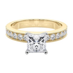 GIA 0,91 quilates Princesa Vintage Milgrain Canal Anillo de diamantes de oro amarillo de 18 quilates