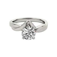 GIA 0.91 Carat Round Solitaire Chevron Love Knot 18K White Gold Diamond Ring