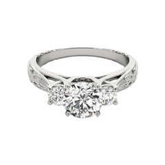 GIA 0.91 Carat Round Three-Stone Vintage Milgrain  Diamond Ring