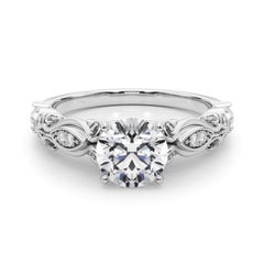 GIA 0.91 Carat Round Vintage Scrolling Ribbon 18K White Gold Diamond Ring