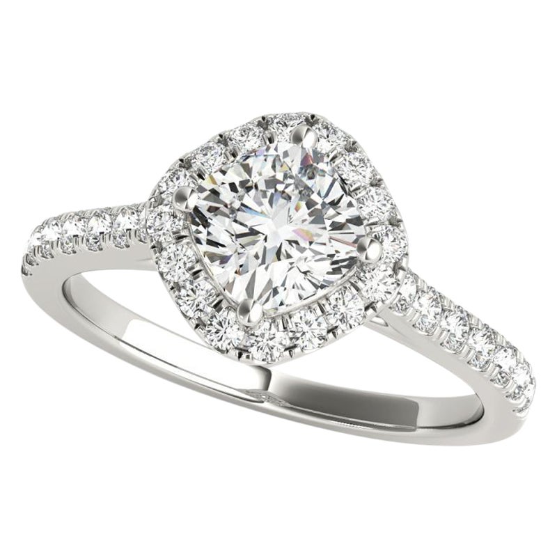 GIA 0,91ct Cuscino Quadrato Halo Filigrana Fiore Pave Oro Bianco Anello di Diamanti