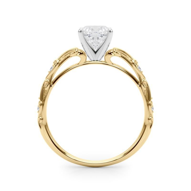 GIA 0,91ct Cushion Vintage 3-Stone Heart & Vine Anello con diamanti in oro giallo 18K In condizioni Nuovo in vendita a New York, NY