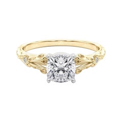 GIA 0,91ct Cushion Vintage 3-Stone Heart & Vine Anello con diamanti in oro giallo 18K