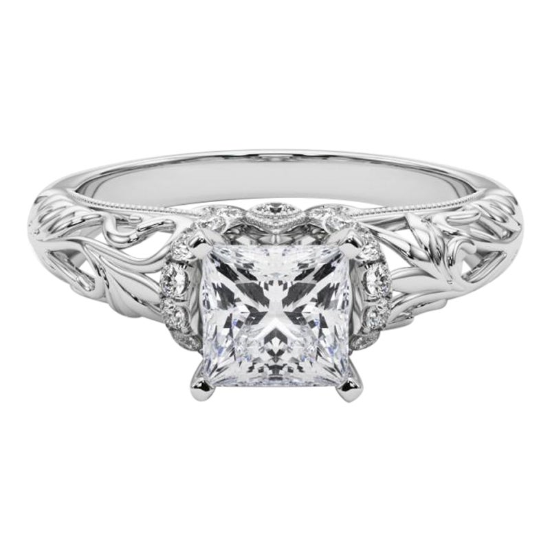 GIA 0,91ct Principessa Chevron Halo Floral Filigree Anello di diamanti in oro bianco 18 carati