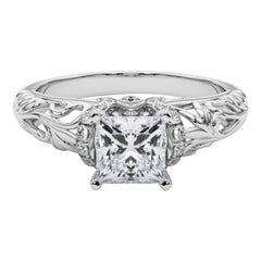 GIA 0.91ct Princess Chevron Halo Floral Filigree 18K White Gold Diamond Ring