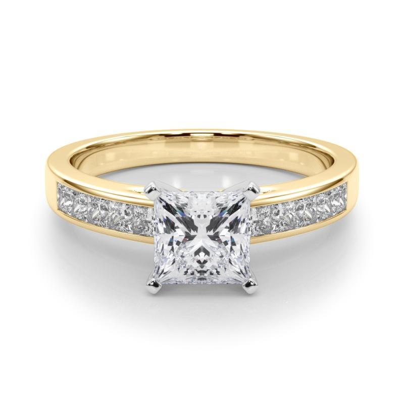 GIA 0,91ct Anello con diamante centrale solitario Princess Channel in oro giallo