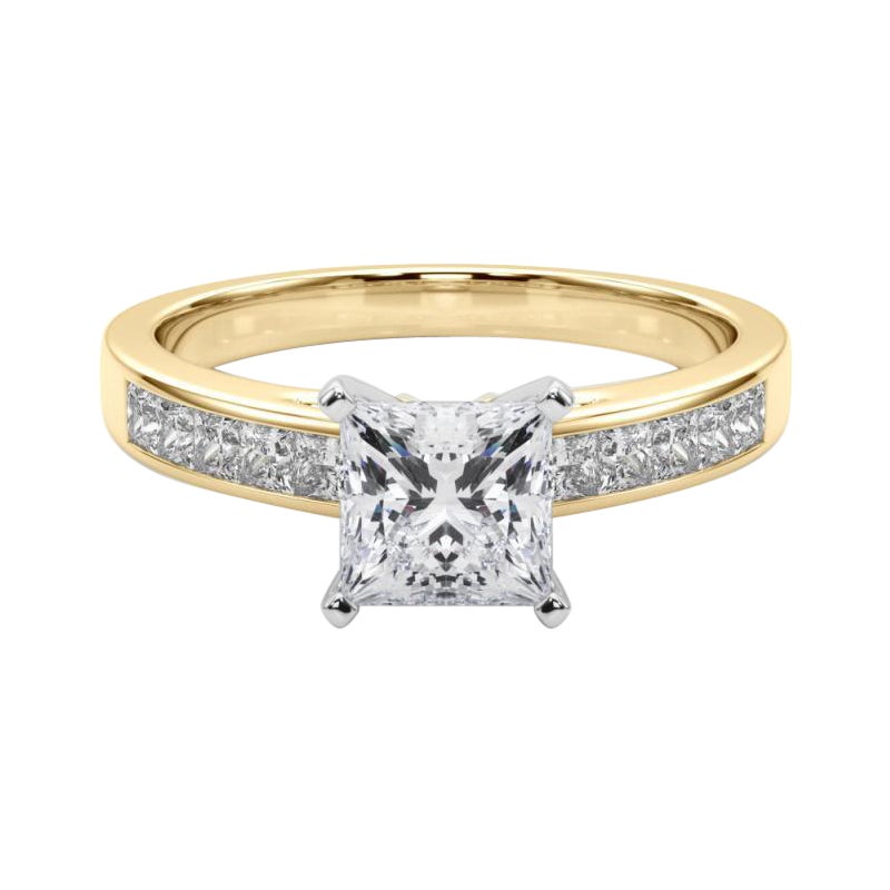 GIA 0.91ct Princesa Canal Solitario Centro Anillo Diamante Oro Amarillo