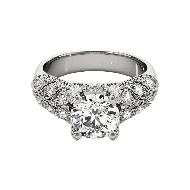 GIA 0.93 Carati Rotondo Vintage con Pave a Grana Foglie  Anello con diamante