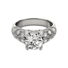GIA 0.93 Carat Round Vintage Milgrain Pave Leaf  Diamond Ring