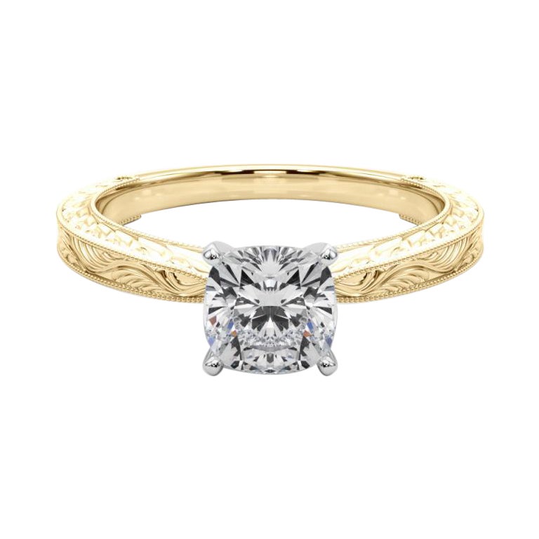 GIA Anello classico solitario a cuscino da 0.95 carati in oro giallo con incisione antica