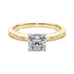 GIA Anello classico solitario a cuscino da 0.95 carati in oro giallo con incisione antica