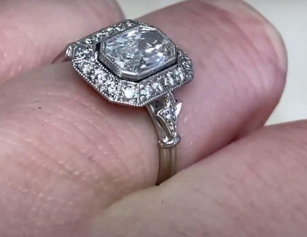 GIA 0.95ct Cushion Cut Diamond Engagement Ring, H Color, Diamond Halo, Platinum For Sale 1