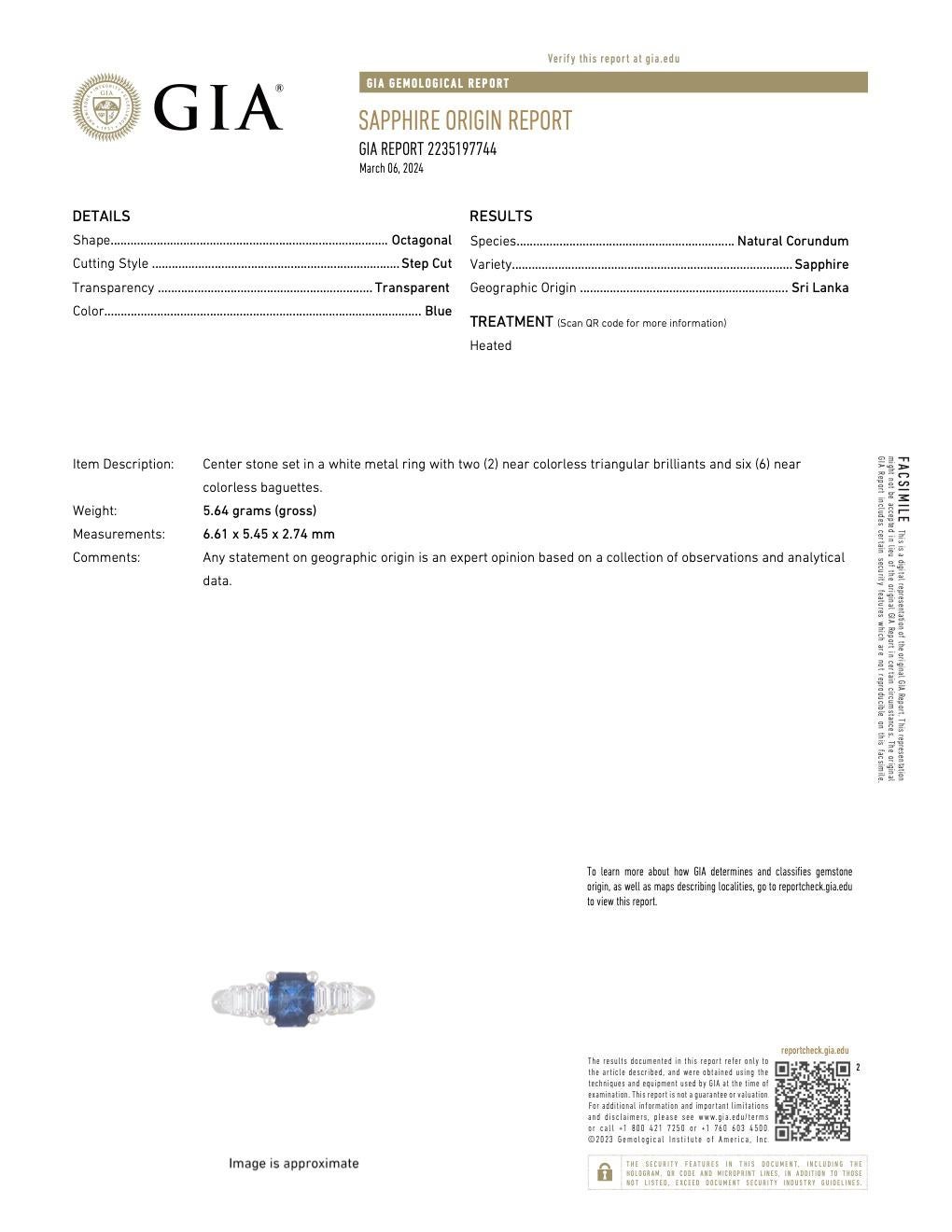 Women's or Men's GIA 0.97 Carat Ceylon Sapphire Diamond Platinum Ring For Sale