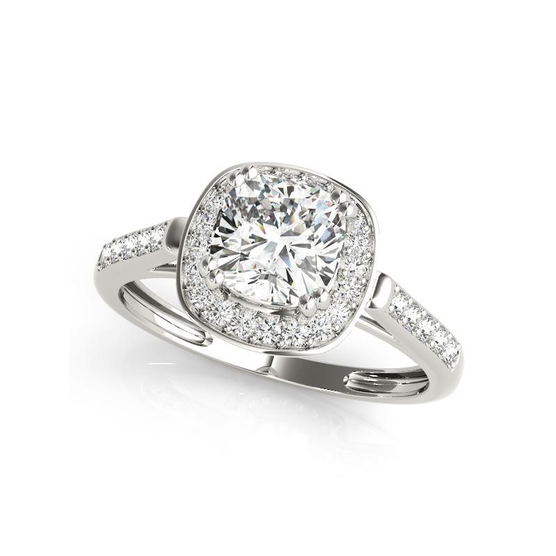 Taglio cuscino GIA 0,97ct Cushion Pave Halo Raised Basket Cathedral Anello con diamante in oro bianco in vendita