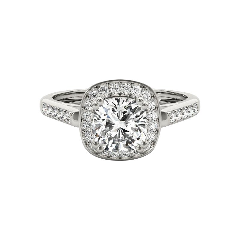 GIA 0,97ct Cushion Pave Halo Raised Basket Cathedral Anello con diamante in oro bianco in vendita