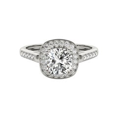 GIA 0.97ct Cushion Pave Halo Raised Basket Cathedral White Gold Diamond Ring