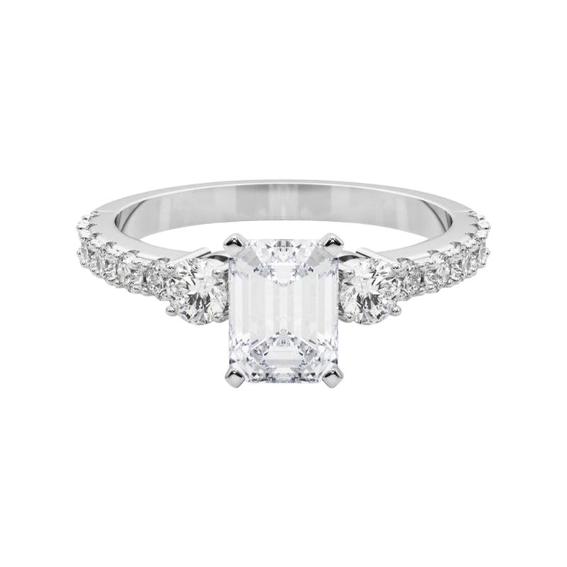 GIA 0,97ct Smeraldo a tre pietre con gambo di diamante Anello con diamante in oro bianco 18 carati