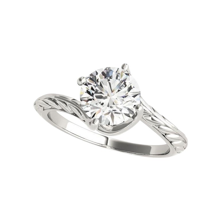 GIA 0,97ct Solitario rotondo Bypass con incisione a foglia in oro bianco 18 carati