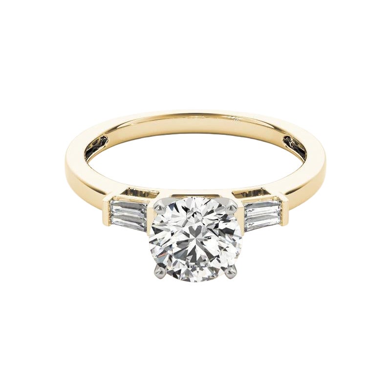 Bague en or jaune GIA de 0,97 ct de diamant rond solitaire et baguette en canal