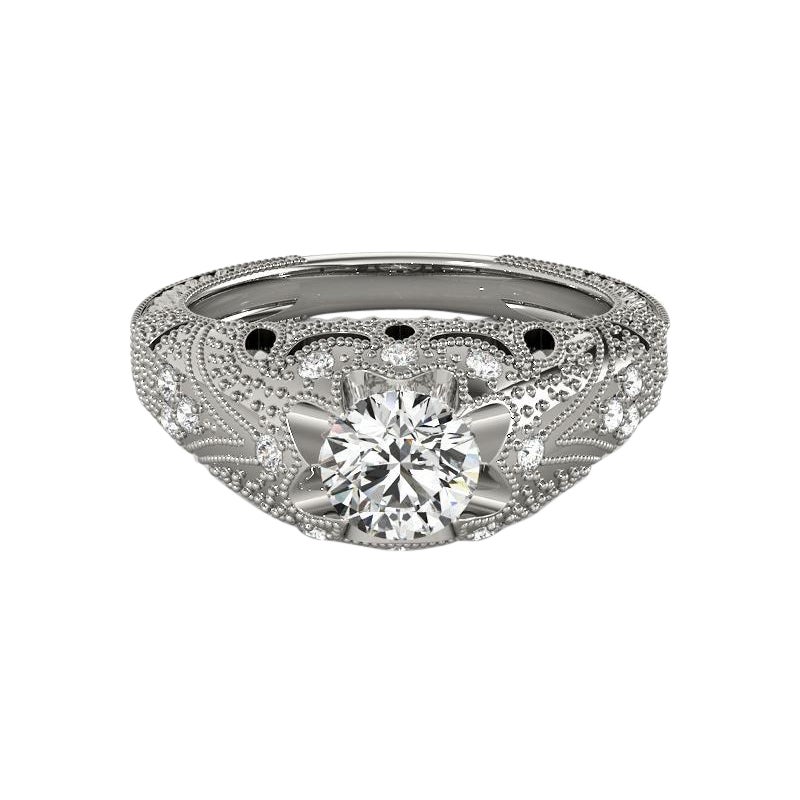 GIA 0.97ct Round Solitaire Ornate Engraved Dome 18K White Gold Diamond Ring