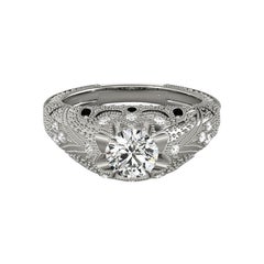 GIA 0.97ct Round Solitaire Ornate Engraved Dome 18K White Gold Diamond Ring