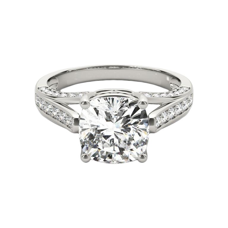 GIA 0.9ct Anello con diamante cattedrale a cuscino e nastro Pave