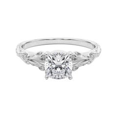 GIA 0.9ct Cushion Vintage 3-Stone Heart & Vine 18K White Gold Diamond Ring