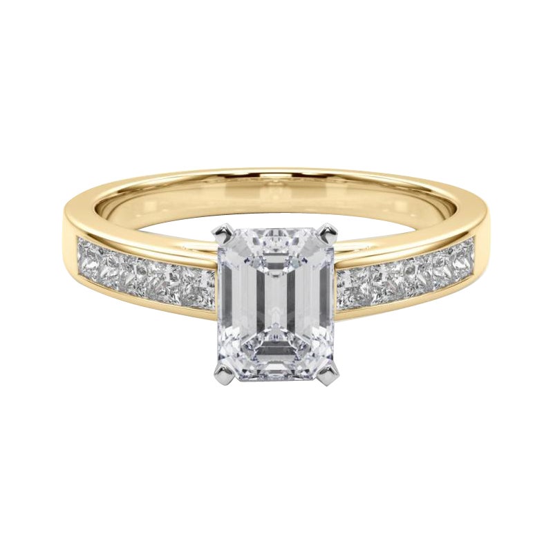 GIA 0.9ct Esmeralda Princesa Canal Solitario Centro Anillo de Diamantes de Oro Amarillo