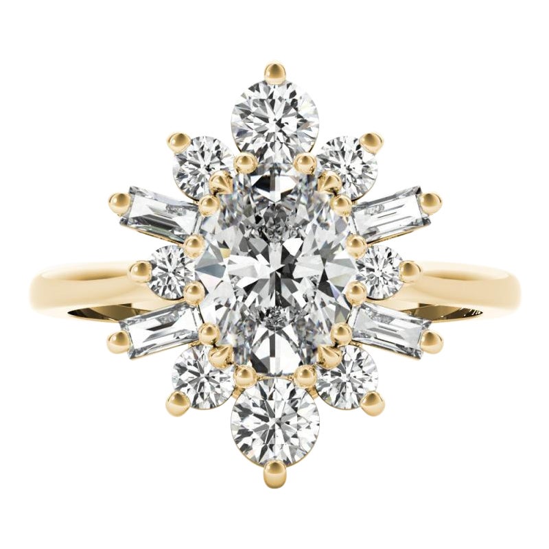 GIA 0.9ct Oval Icy Snowflake Flower Cluster 18K Yellow Gold Diamond Ring