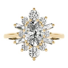 GIA 0.9ct Oval Icy Snowflake Flower Cluster 18K Yellow Gold Diamond Ring