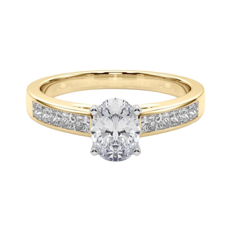 GIA 0.9ct Oval Princess Channel Solitaire Center Anello con diamanti in oro giallo