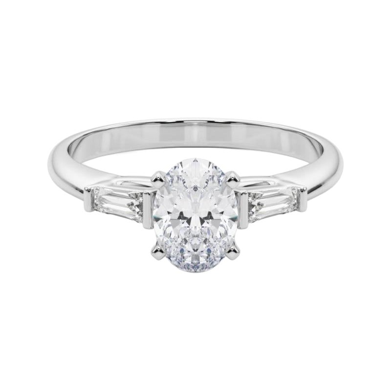 GIA 0.9ct Oval Three-Stone Tapered Baguette 18K White Gold Diamond Ring