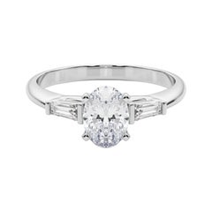 GIA 0.9ct Oval Three-Stone Tapered Baguette 18K White Gold Diamond Ring
