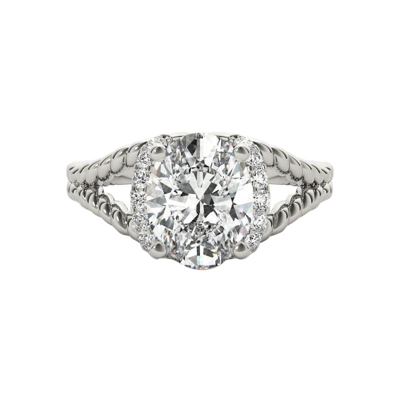 GIA Bague à diamant en or blanc 18 carats 0.9ct Oval Twisted Rope Split Shank Halo