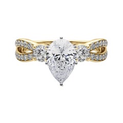 GIA 0.9ct Pear Three-Stone Split Shank Pave 18K Yellow Gold Diamond Ring