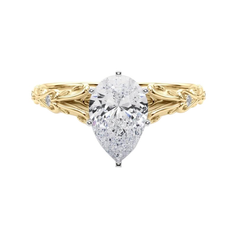 GIA 0.9ct Pear Vintage 3-Stone Heart 
Vine 18K Yellow Gold Diamond Ring