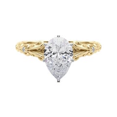 GIA 0.9ct Pear Vintage 3-Stone Heart & Vine 18K Yellow Gold Diamond Ring