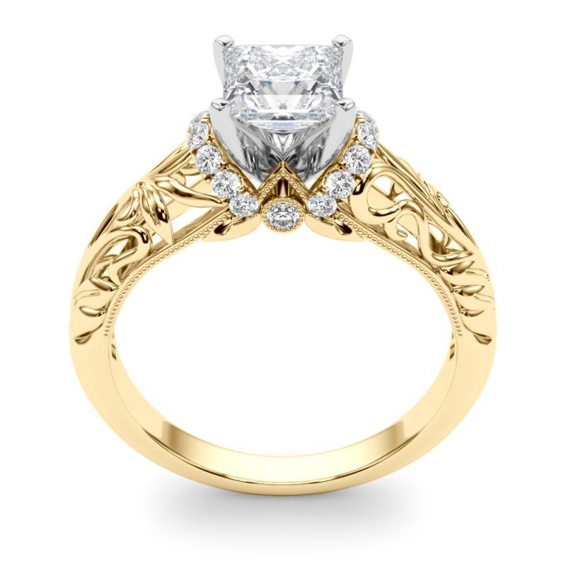 Donna GIA 0,9ct Principessa Chevron Halo Anello di diamanti in filigrana floreale in oro giallo 18 carati in vendita