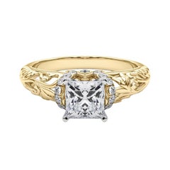 GIA 0.9ct Princess Chevron Halo Floral Filigree 18K Yellow Gold Diamond Ring